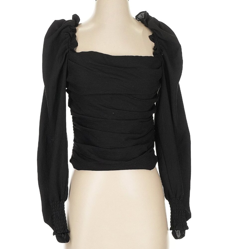 Astr Black Ruched Square-Neck Puff Sleeve Top